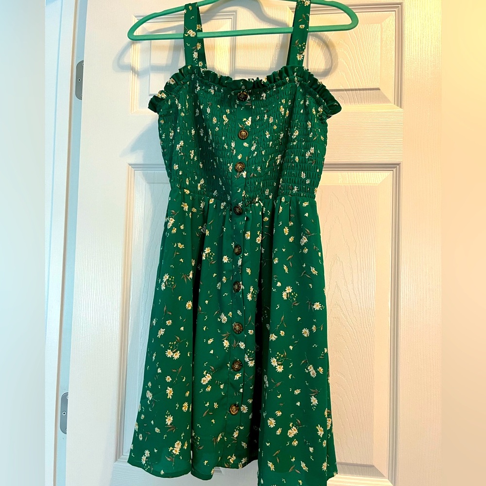 Bright green sundress with smocked bodice, small white flowers. Size large